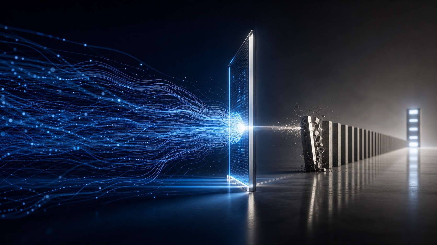 A luminous verification boundary intercepts fast-moving autonomous pathways before an irreversible chain reaction