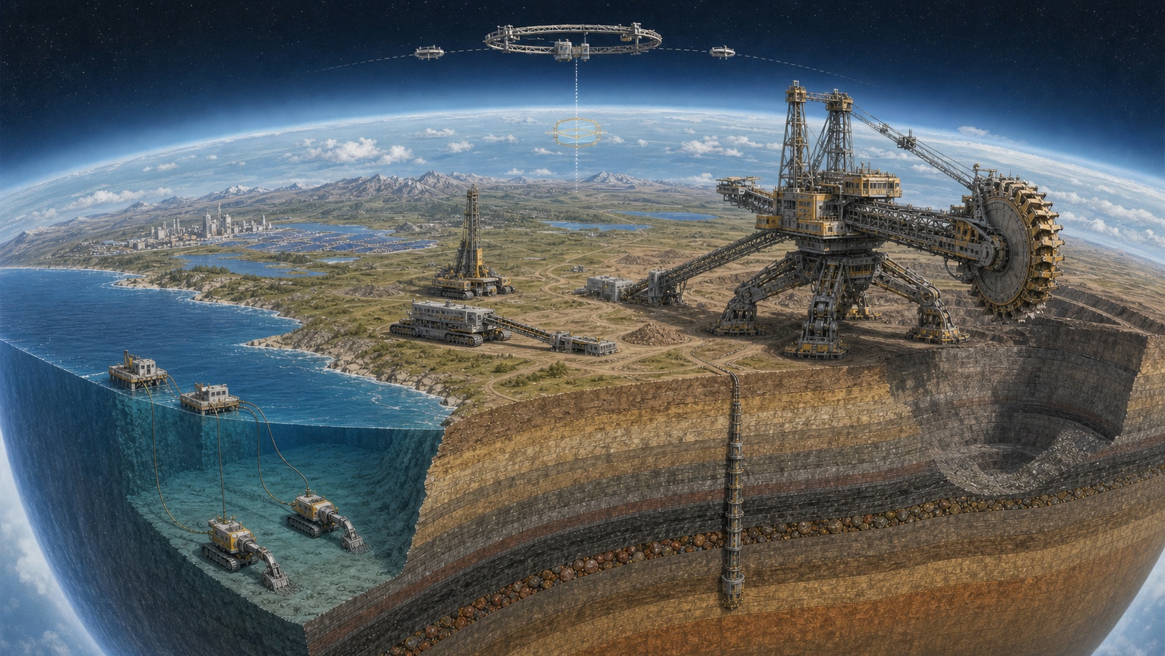 A panoramic retrofuturist cutaway of Earth with autonomous resource machines, industrial systems and orbital compute infrastructure